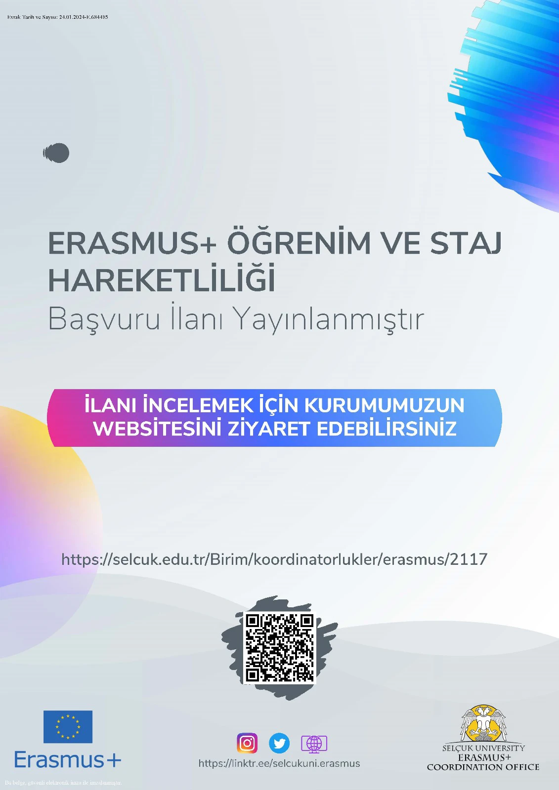 Erasmus+ Öğrenim ve Staj Hareketliliği Başvuru İlanı Yayınlanmıştır